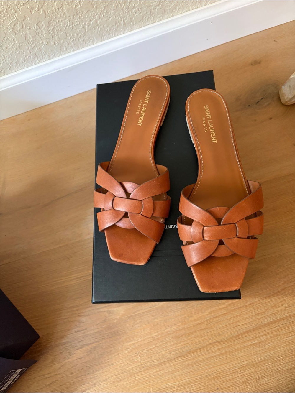Saint Laurent Tan Brown Braided Leather Slide Mules - Picture 1 of 6